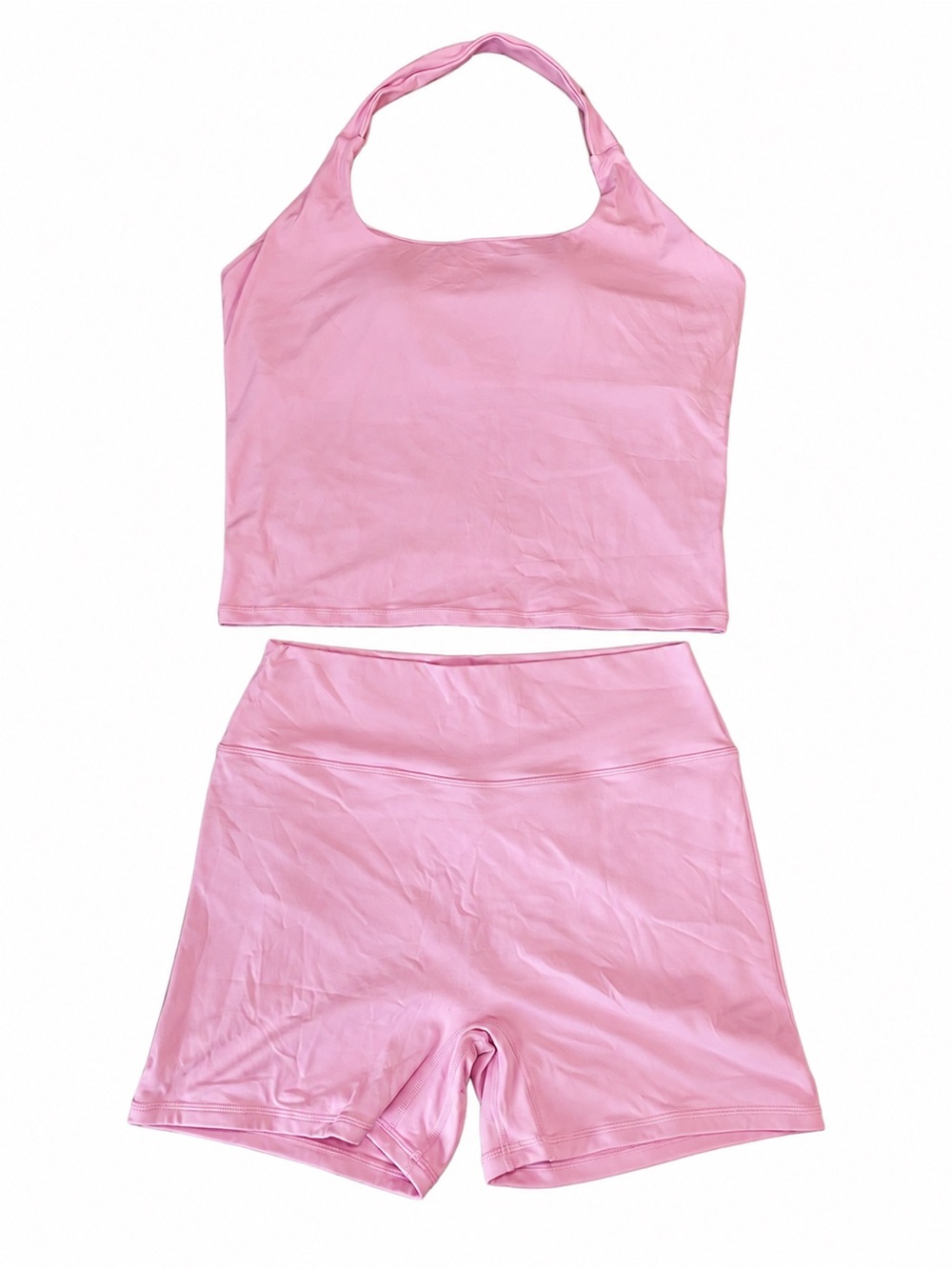 Women's Pink Halter Sports Bra & High-Waist Shorts Set